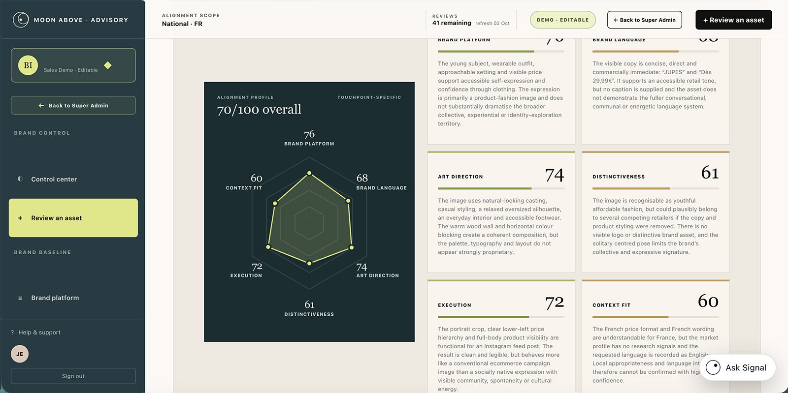 Interface Signal montrant une décision, un score et des recommandations